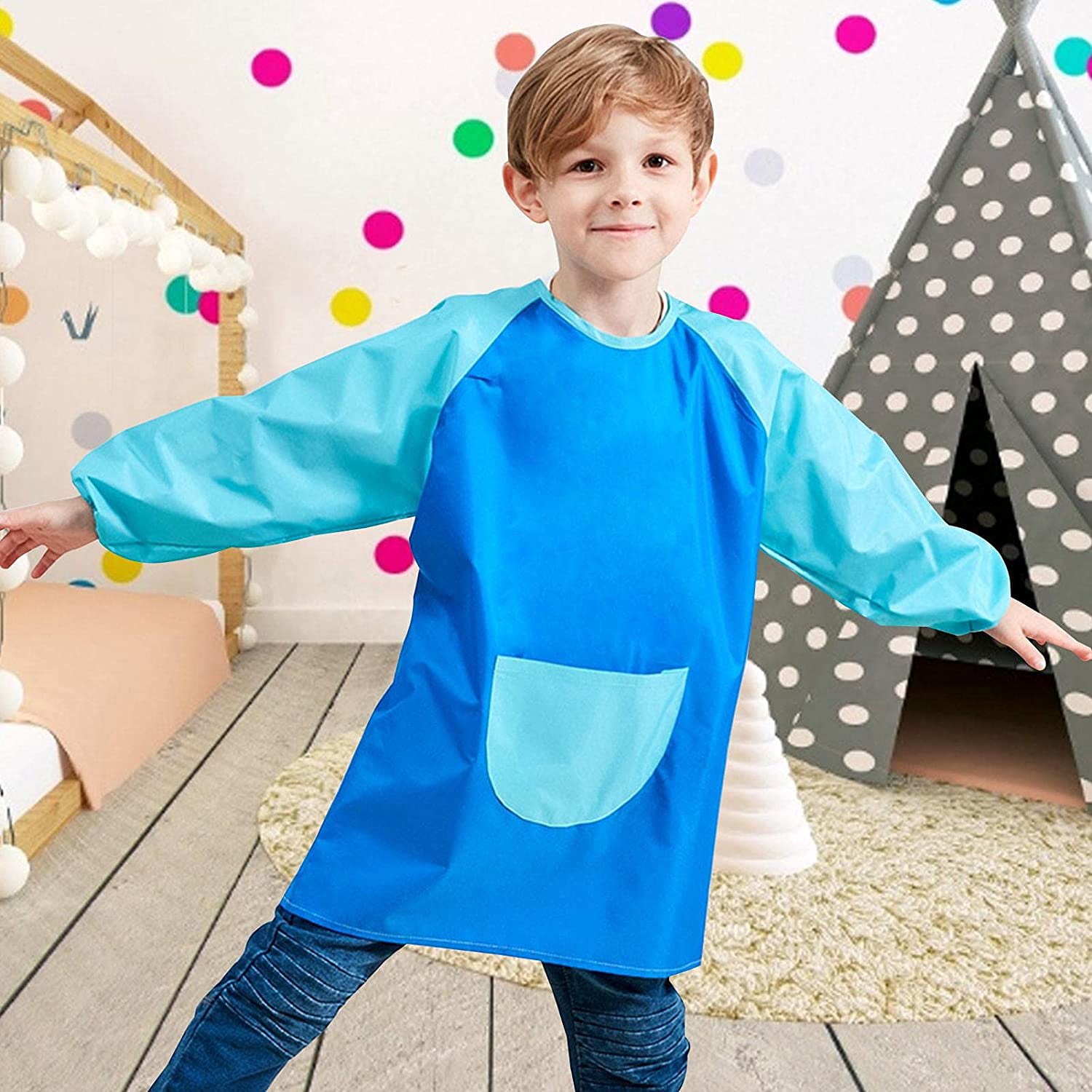 Kids Cooking Apron Craft Coat with Big Pockets Easy to Clean Children Art Smock for Aged 7-11 Water-Proof Kids Play Art Smock Children Painting Apron 