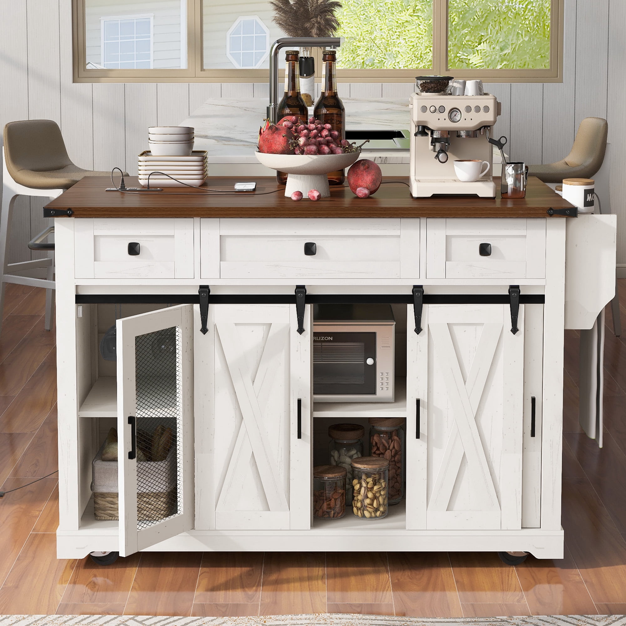 Mintazer 58" Farmhouse Kitchen Island Cart with Single Drop Leaf & Power Outlet, Rolling Kitchen Island Table with Sliding Barn Doors, 3 Drawers & Side Spice Towel Racks for Kitchen, White