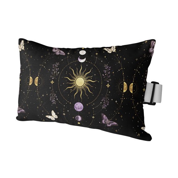 Mystic Night Sky Outdoor Pillows for Chaise Lounge Chair Waterproof Lumbar Pillows with Insert&Adjustable Elastic Strap Beach Headrest Pillow Golden Sun Moon Stars Butterfly Neck Pool Pillow 12"x20"