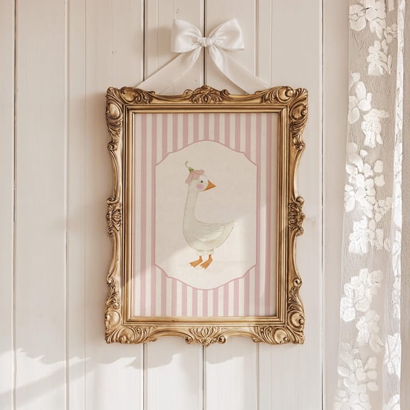 Vintage Goose Nursery Print Pink Floral Cottagecore Wall Art Poster Decor, Unframed Poster Size 8x12 F03.1.22l545