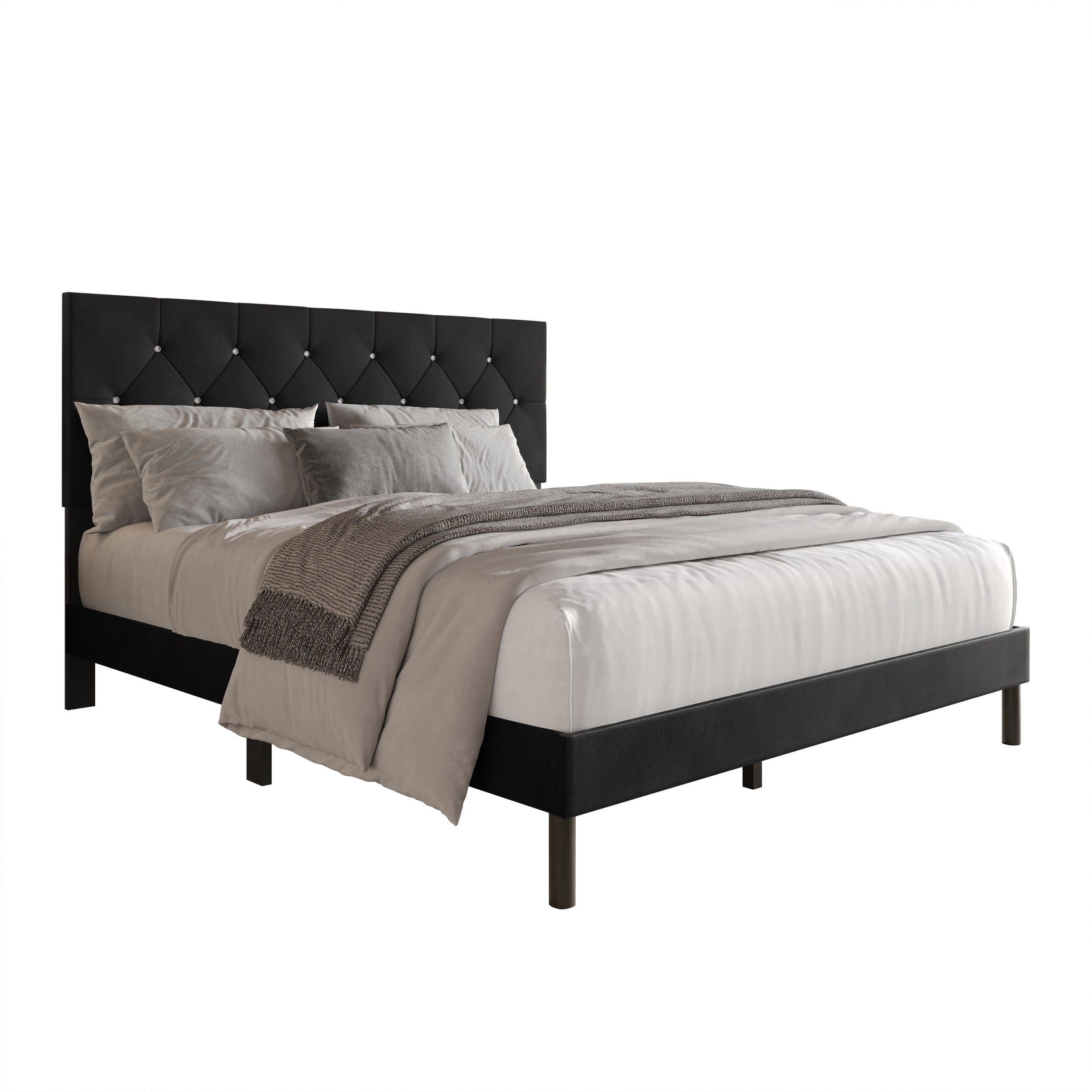 Home Design Groton King Tufted Velvet Upholstered Panel Bed Frame with Button-Tufted Headboard & Wingback Design, Black, Easy Assembly