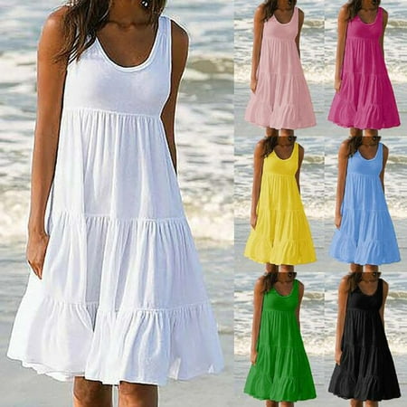 Flmtop Beach Summer Loose Pleated Sundress Women Solid Color Sleeveless ...