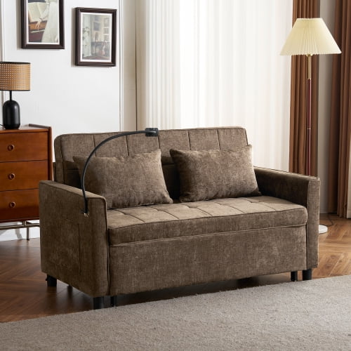 56.9" Loveseat Pull-Out Sofa Bed, Convertible Sleeper Sofa with Reversible Backrest, USB Ports & Phone Holder, Chenille Couch for Living Room, Brown