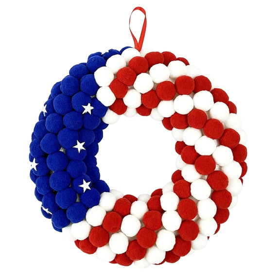 Amaopus 13 Inch Patriotic Wreath, 4th of July Summer Plush and Stars Printed Wreath for The Front Door, Handcrafted Memorial Day American Flag Printed Home Decoration for Indoor and Outdoor