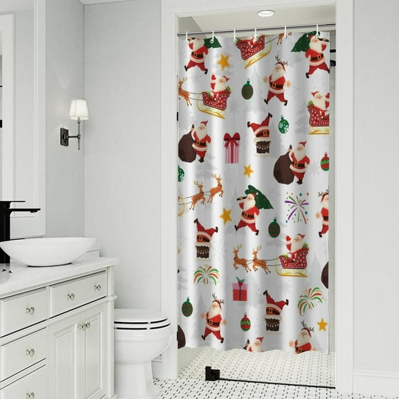 White Christmas Santa and Gift Pattern Shower Curtain 36"x72" ,Bathroom Decorative Shower Curtains Set with 12 Hooks,Modern Waterproof Washable Shower Curtain