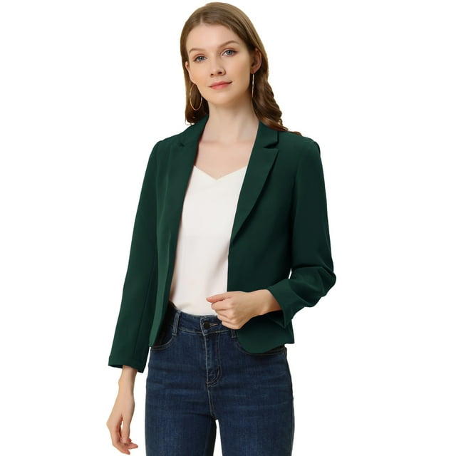 INSPIRE CHIC Chaqueta abierta de la chaqueta del traje de la cosecha del trabajo de la oficina del frente de las mujeres Verde-Sólido XL