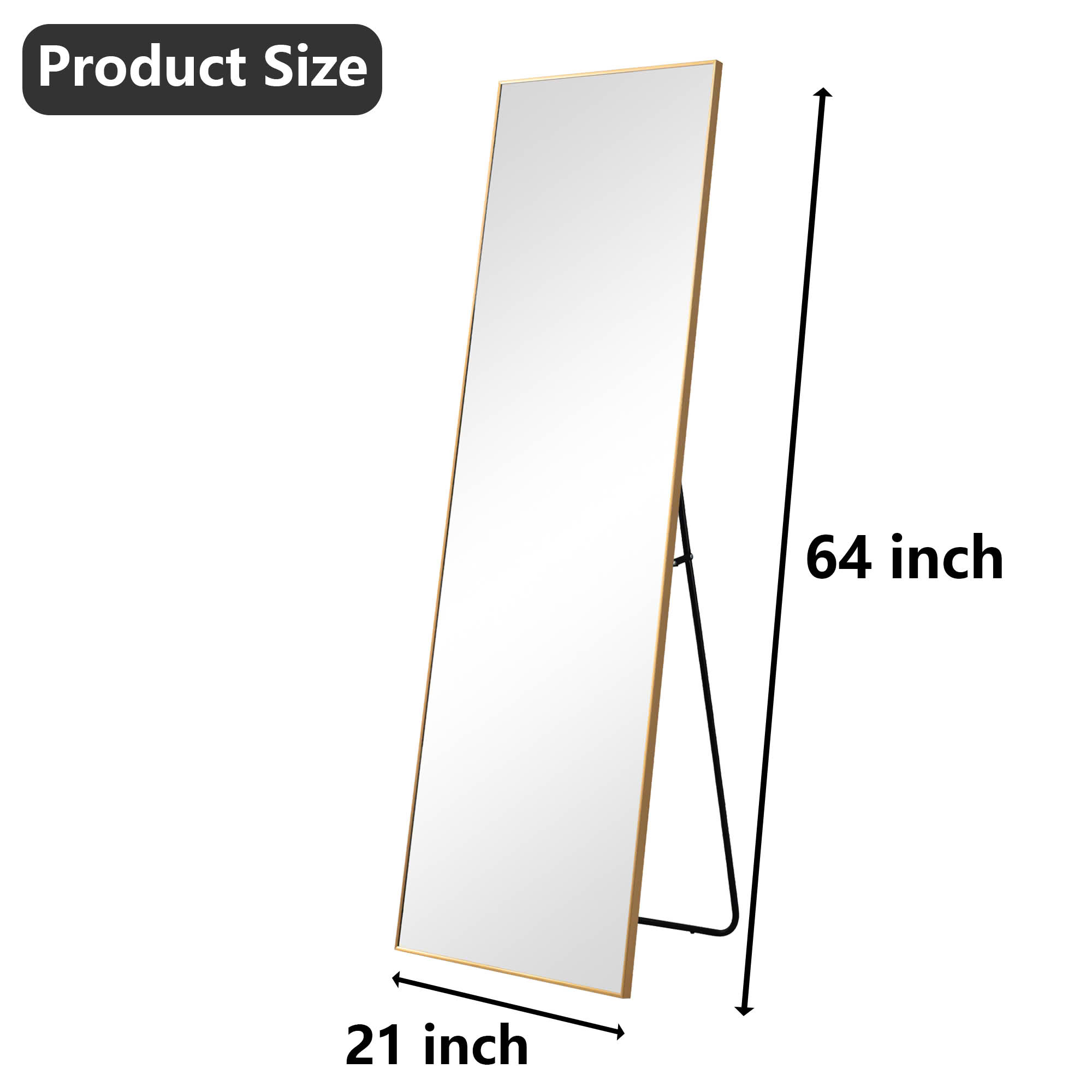 MAYEERTY 64"x21" Aluminum Right Angle Full-Length Mirror, Tempered Glass With Stand, Gold