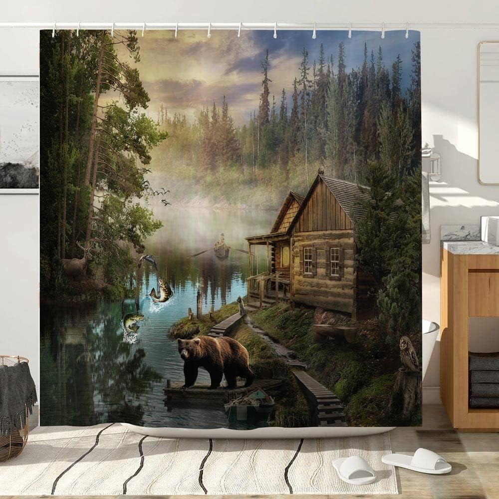 Forest Bear Shower Curtain, Vintage Cabin Country Natural Scenery Lake House Bath Curtain, Wildlife Farm Animals Camping Decor Fabric Bathroom Set with Hook 60x70
