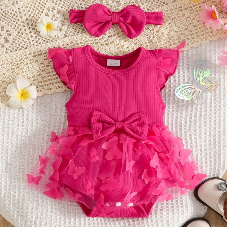 ZHANGDER Newborn Infant Baby Girl Clothes Floral Summer Outfits Baby Girl Romper Dress Cute Romper Dress Set, Hot Pink 9-12 Months
