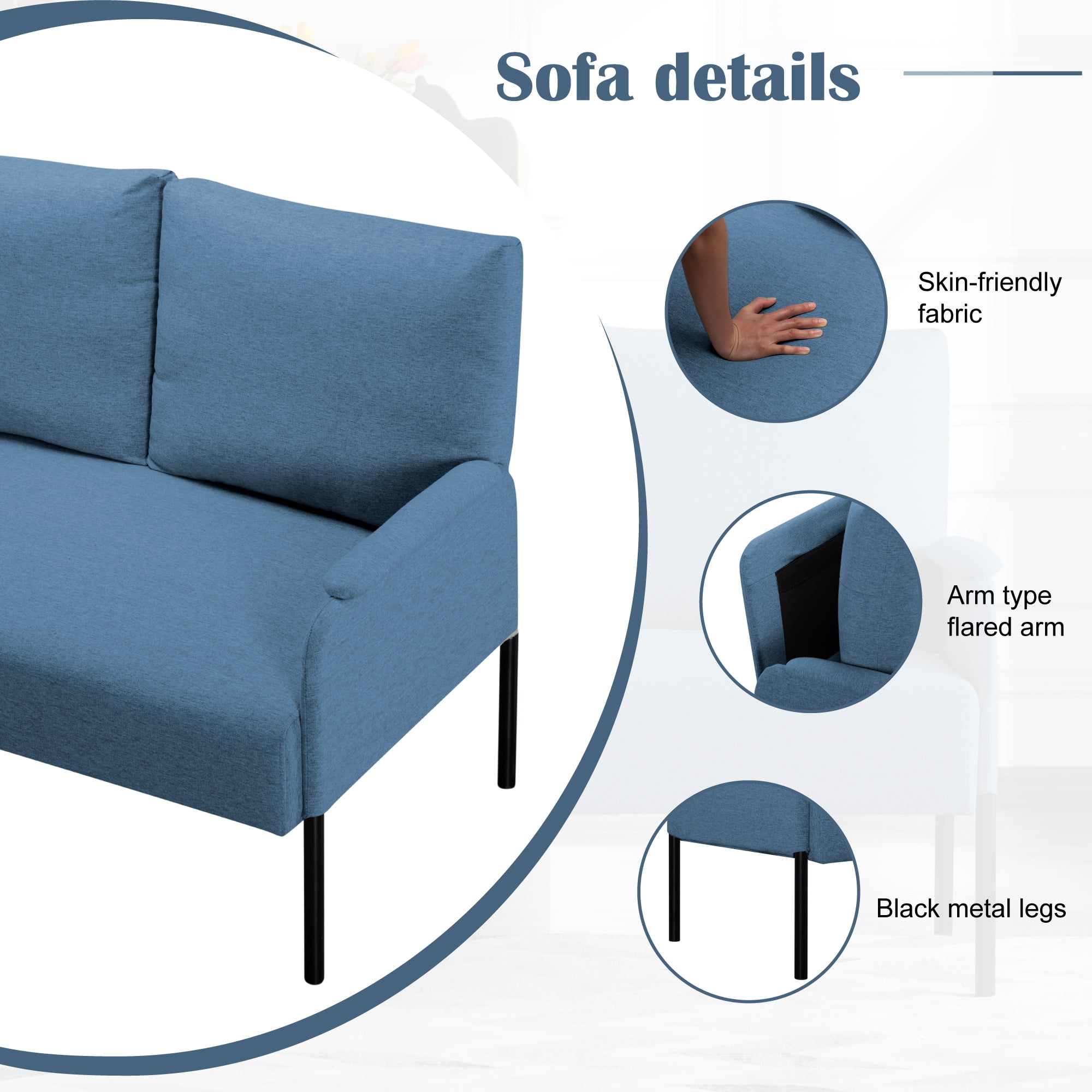 Gewnee Blue Linen Blend 45.7” Metal Frame Loveseat, Small Space 2-Seat Sofa with Removable Cushion