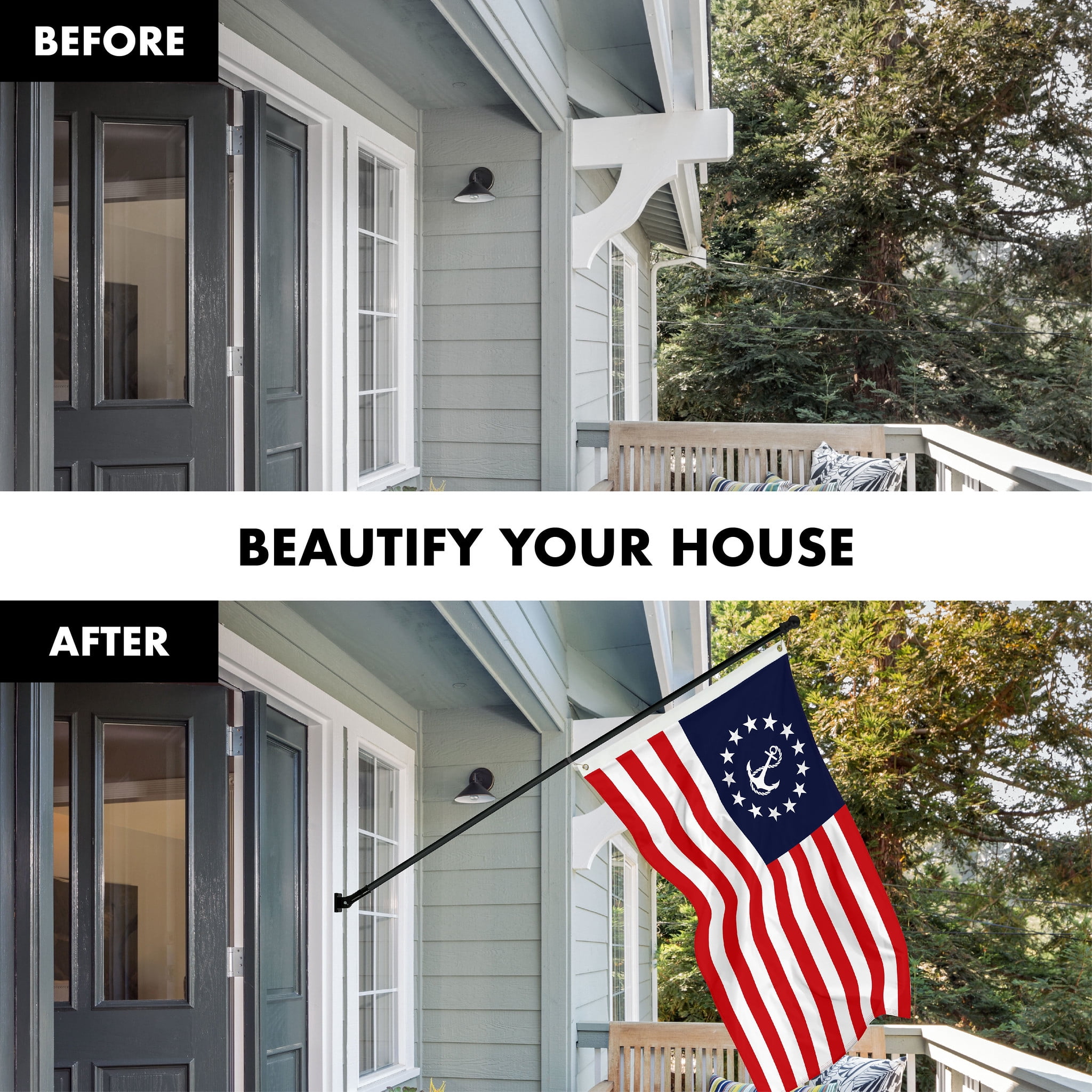 G128 Combo Pack: 6 Ft Tangle Free Aluminum Spinning Flagpole (Black) & American USA Yacht Ensign Flag 3x5 Ft, LiteWeave Pro Series Printed 150D Polyester | Pole with Flag Included