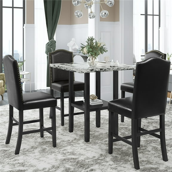 Wood Dining Table Set for 4, Modern 5 Piece Dining Room Table Sets with Leather Chairs, Heavy Duty Wooden Rectangular Kitchen Table Set for Home, Kitchen, Living Room, Restaurant, CL600