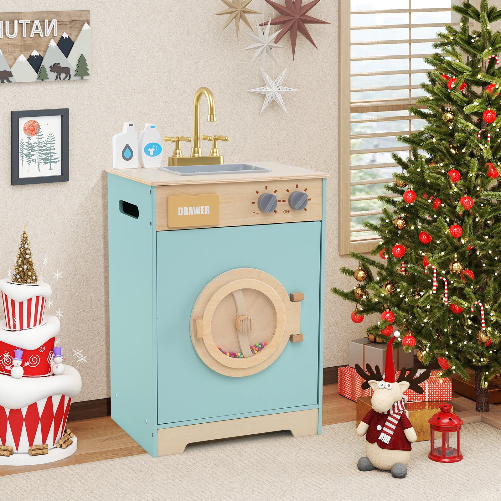 Gymax Kids Washer Playset w/ Laundry Detergent & Hand Sanitizer Rotating Wheel
