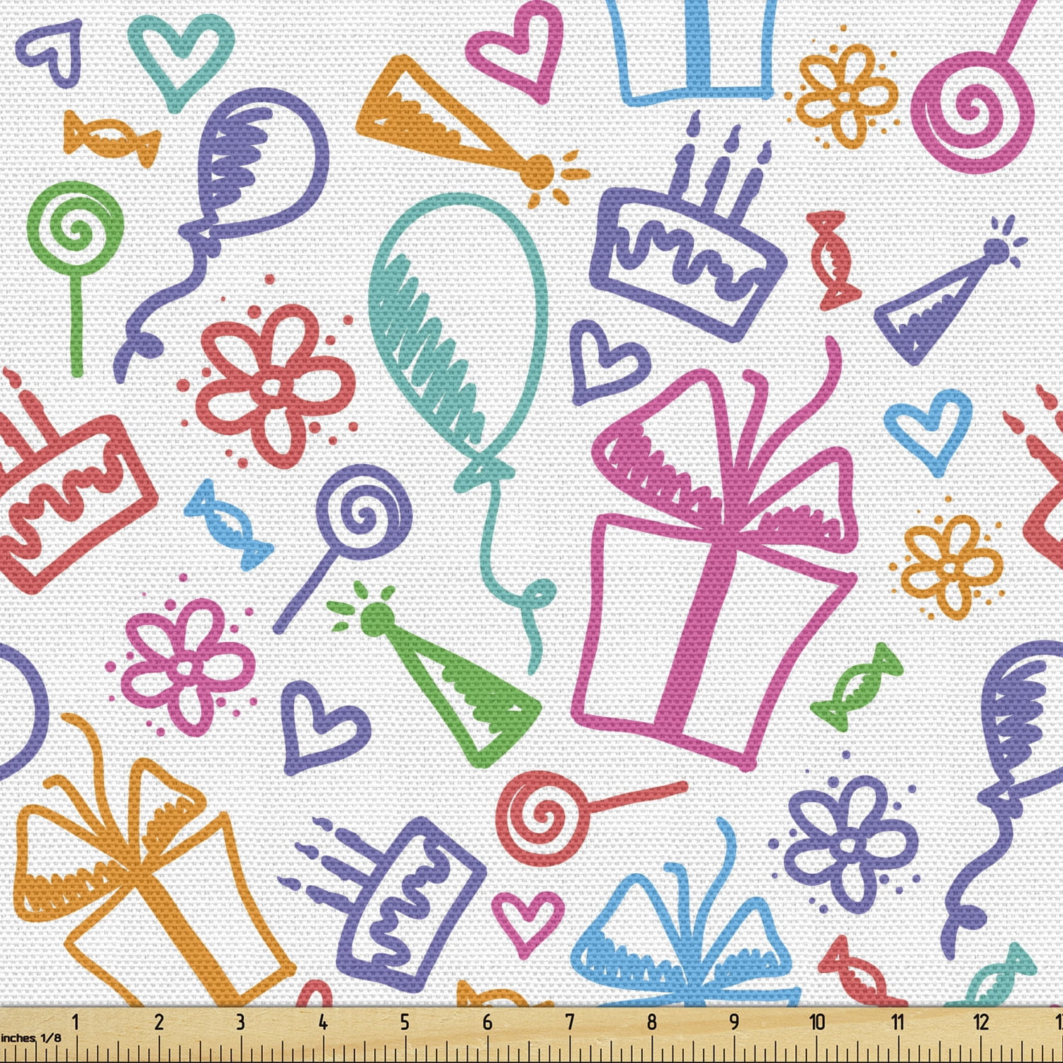 Birthday Sofa Upholstery Fabric by the Yard, Colorful Doodle Pattern Happy and Celebration Jolly