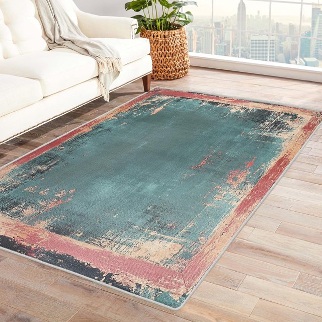 Distressed Faded Rug 8x10, Vintage Border Area Rug Washable, Modern Abstract Rugs for Living Room, Bedroom, Distressed Faded Pattern Carpet Home Decor, Non Slip Dhdfdh38