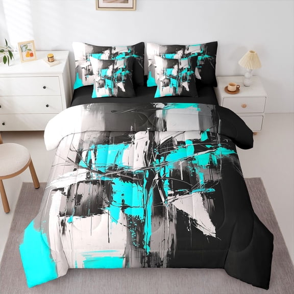 Homewish Blue Abstract 7-Piece Twin Bedding,Contemporary Art Bedding Comforter Set,Black Reversible