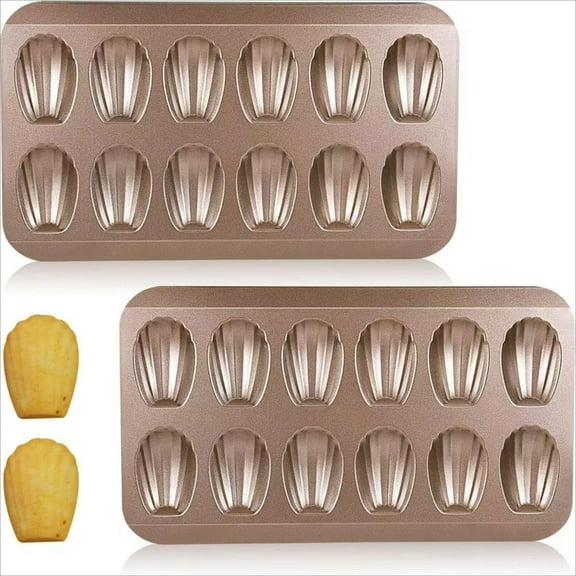 12-Cavity Gold Nonstick Shell Cake Pan Set, 2-Piece Madeleine Mold for Home Baking