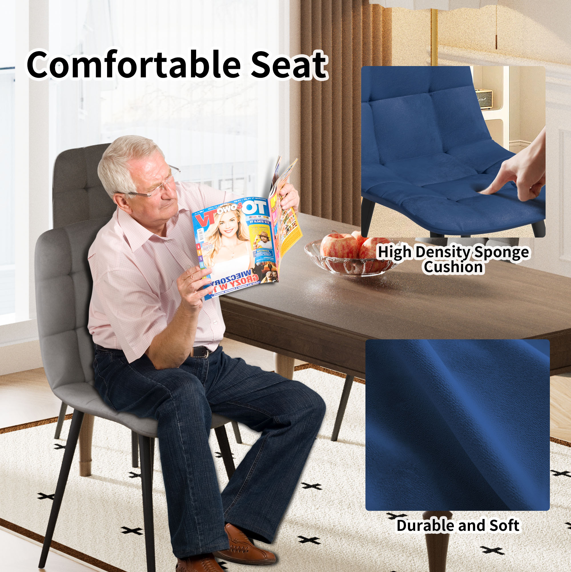 SHGJ&SOFT Velvet Dining Chairs Set of 4, Mid Century Modern Upholstered Fabric Chairs with Metal Legs Adjustable Pads for Kitchen Living Room Dining Room. (BLUE, 4PC)