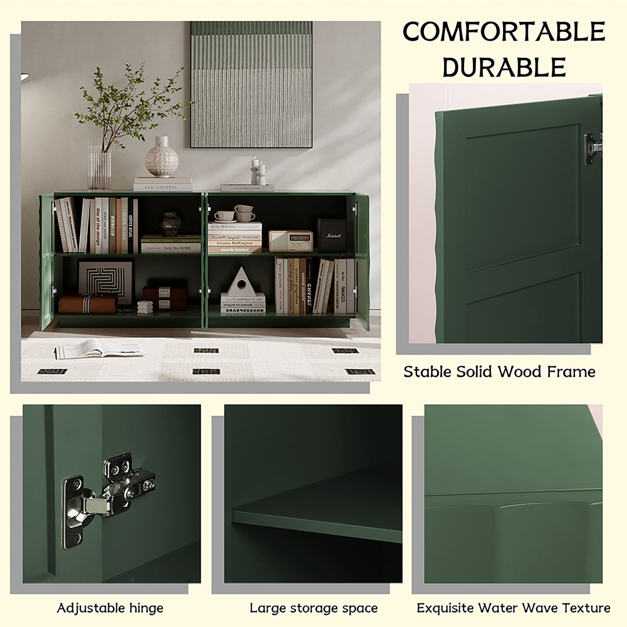 Homy Casa 59 in Modern 3D Ripple 4-Door Credenza Buffet Cabinet for Dining Room Green