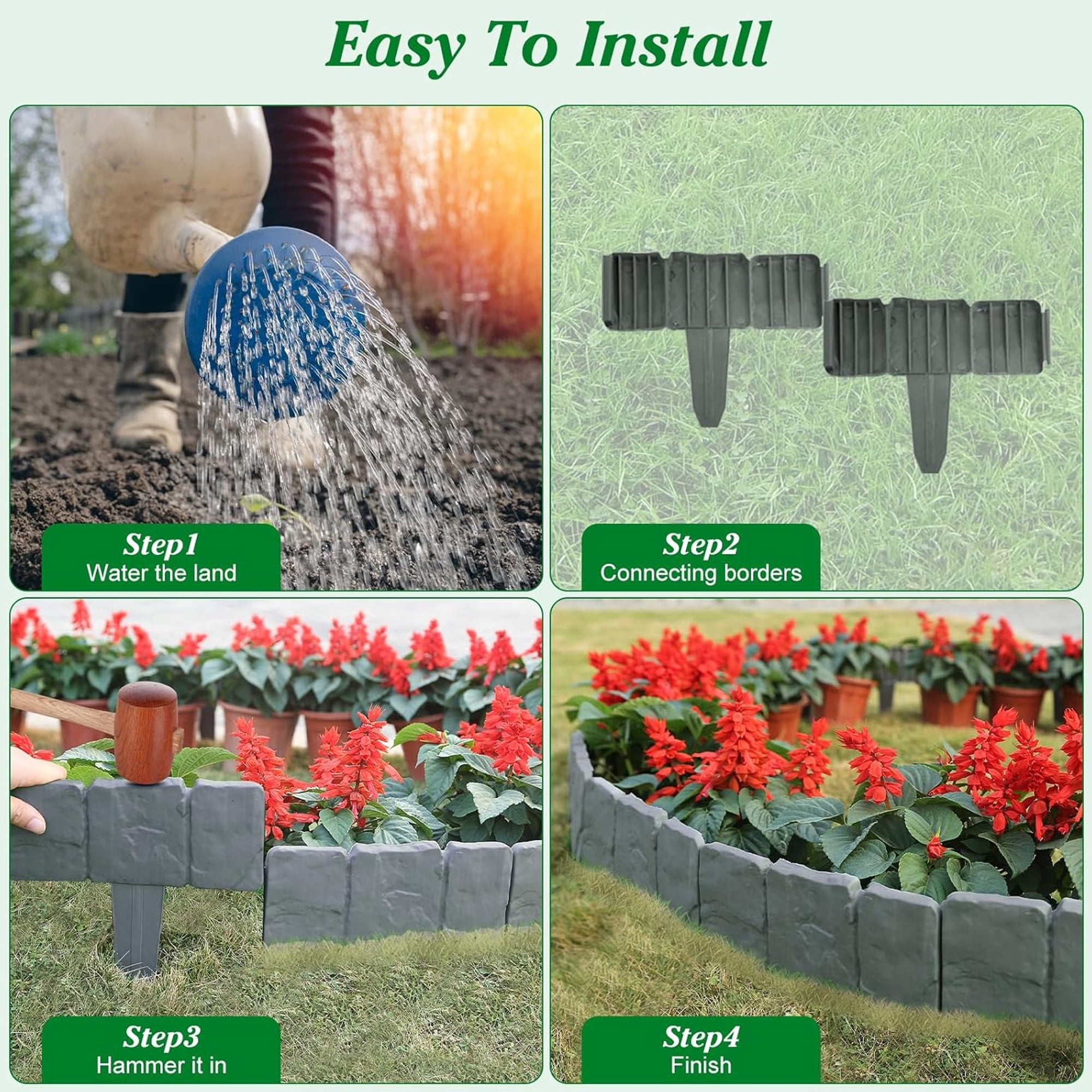 Garden Edging Kits,No-Digging Garden Plastic Fences with 30 Gray Stakes Landscaping Border for Flower Beds,Yards,Lawns (25ft Length)