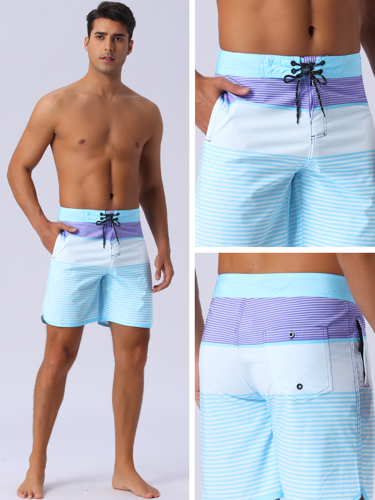 DARING DIVA Men's Color Block Drawstring Waist Pool Beach Striped Swimming Shorts 28 Sky Blue