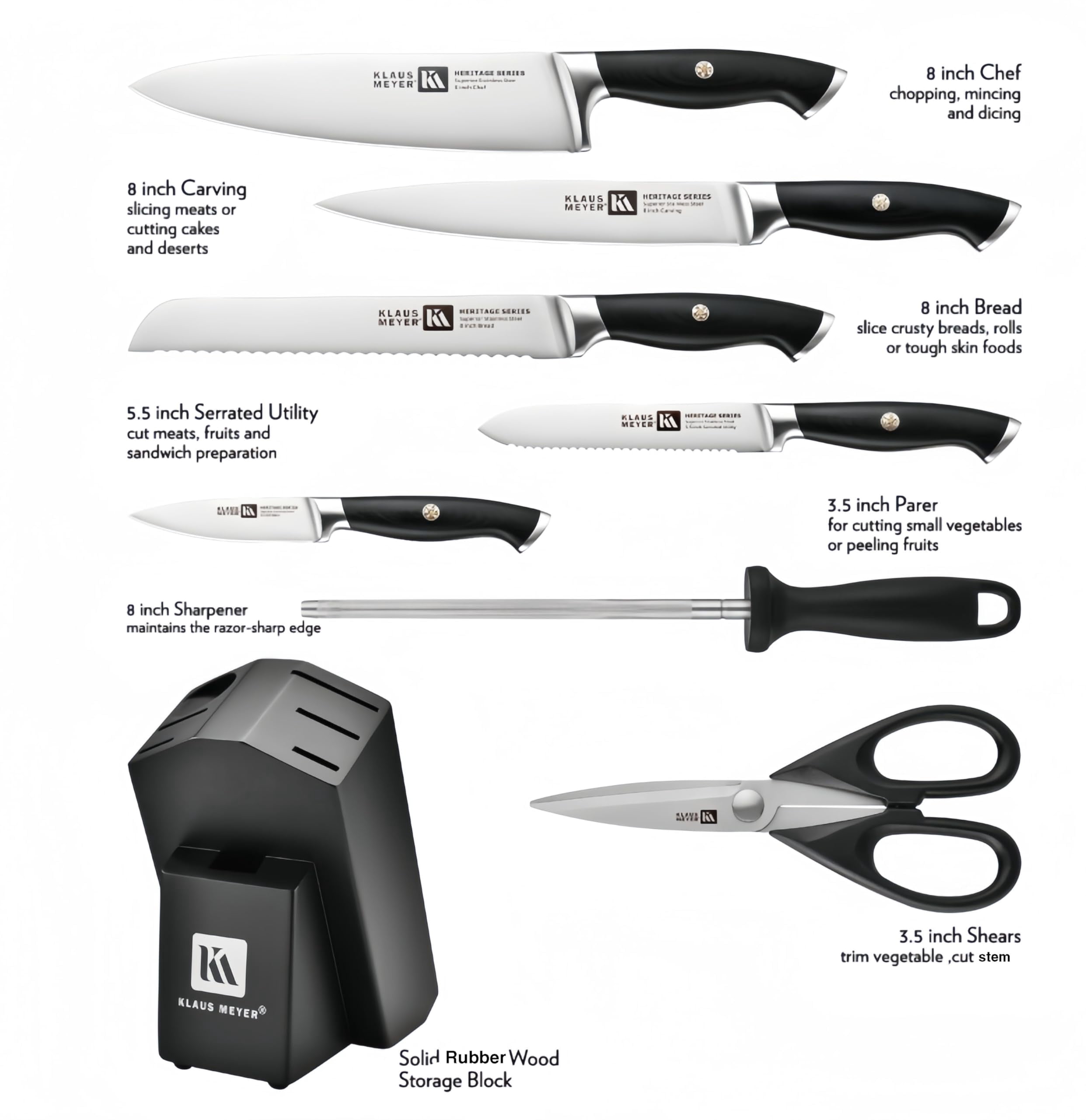 Klaus Meyer 8-Piece Kitchen Knife Set, German High Carbon Steel Pakka Wood Handle Chef Knife Set With Block, Ultra Sharp With Scissors, Sharpener Rod.