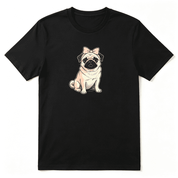 Pug Dog With Pink Bow Tie Cool Graphic Tee for Women, Dog Lover Birthday Gift Cotton Short Sleeves T-Shirt