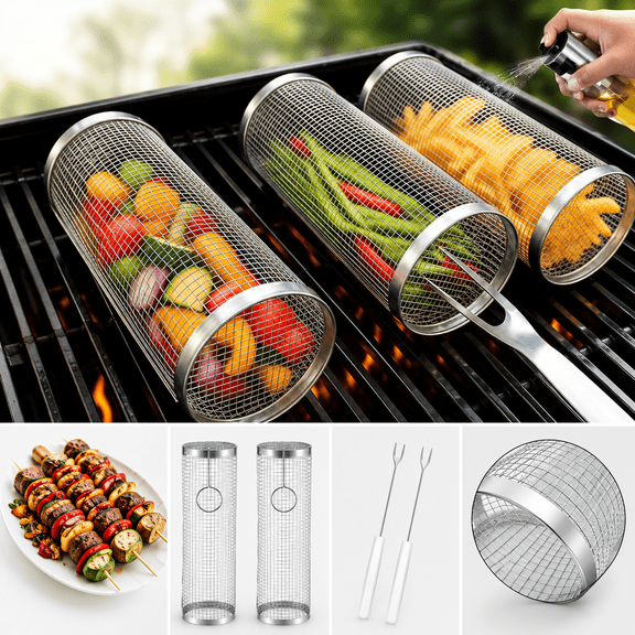 2PCS Stainless Steel Rolling Grill Basket BBQ Mesh Tube Grilling Basket For Vegetables Shrimp Fish Meat Portable Non Stick Reusable BBQ Grill Accessories Outdoor Cooking Tool Set