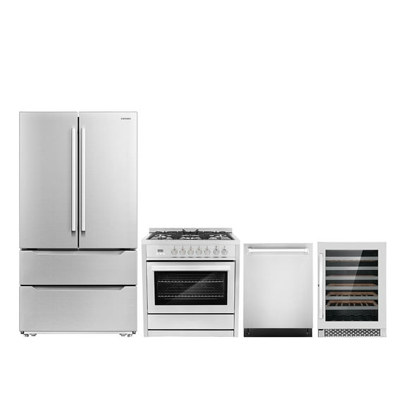 Cosmo 4 Piece Kitchen Appliance Package with 36" Freestanding Gas Range 24" Built-in Integrated Dishwasher French Door Refrigerator & 48 Bottle Freestanding Wine Refrigerator Kitchen Appliance Bundles