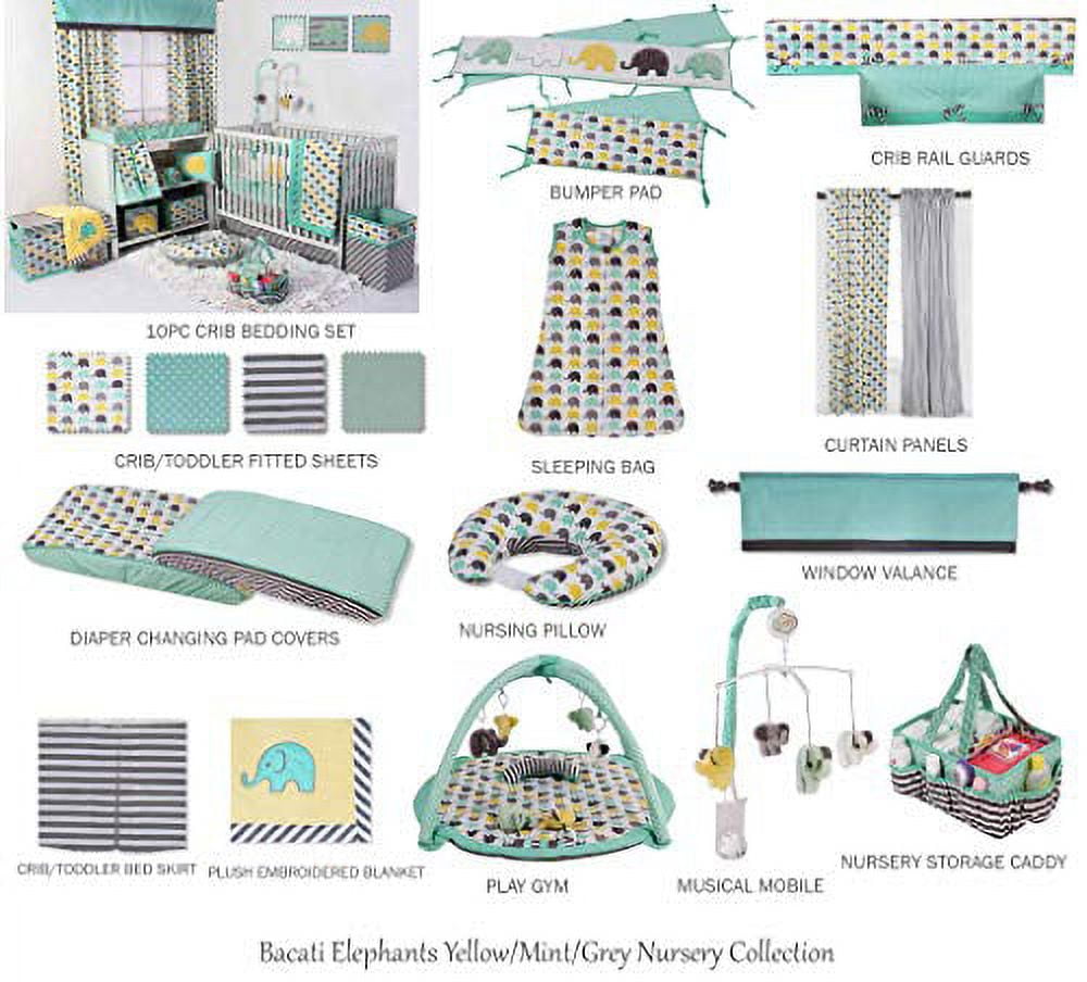 Bacati Elephants Unisex 4 Piece Bedding Set 100 Percent Cotton for US Standard Cribs/Toddler Beds, Mint/Yellow/Grey Includes Reversible Comforter, Fitted Sheet, Top Sheet, and Pillow Case