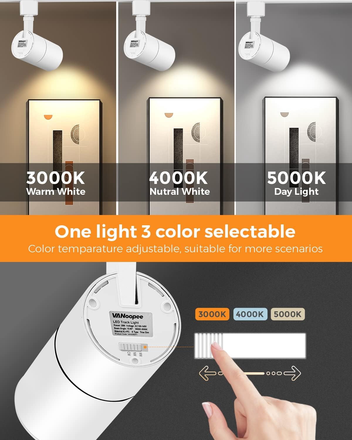 VANoopee 3-Color Zoomable 20W LED Track Lighting Heads H Type Track Light Heads Dimmable Bright Ceiling Spotlight Fixtures for Kitchen, 3000K 4000K 5000K Adjustable, CRI90+ 15°-60° 2000lm White 4 Pack