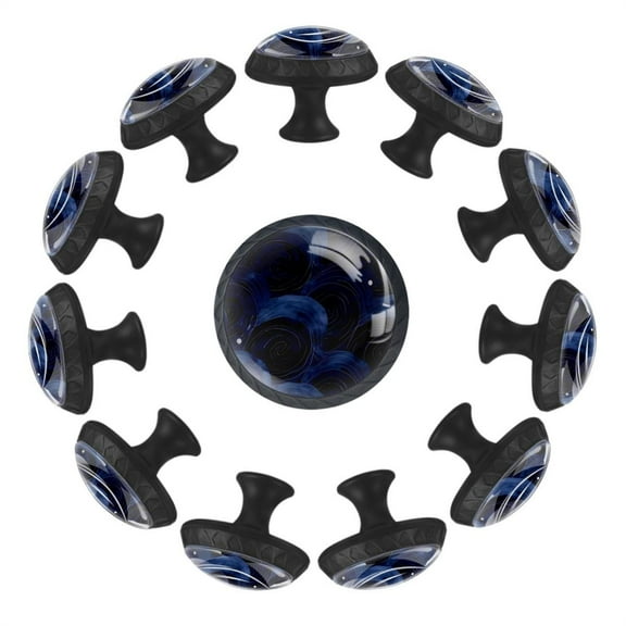 Navy Blue Swirl Pattern 35MM Round Glass Cabinet Knobs, Kitchen Knobs for Drawer Dresser Cupboard Wardrobe Modern Pulls Handles Hardware, Set of 12