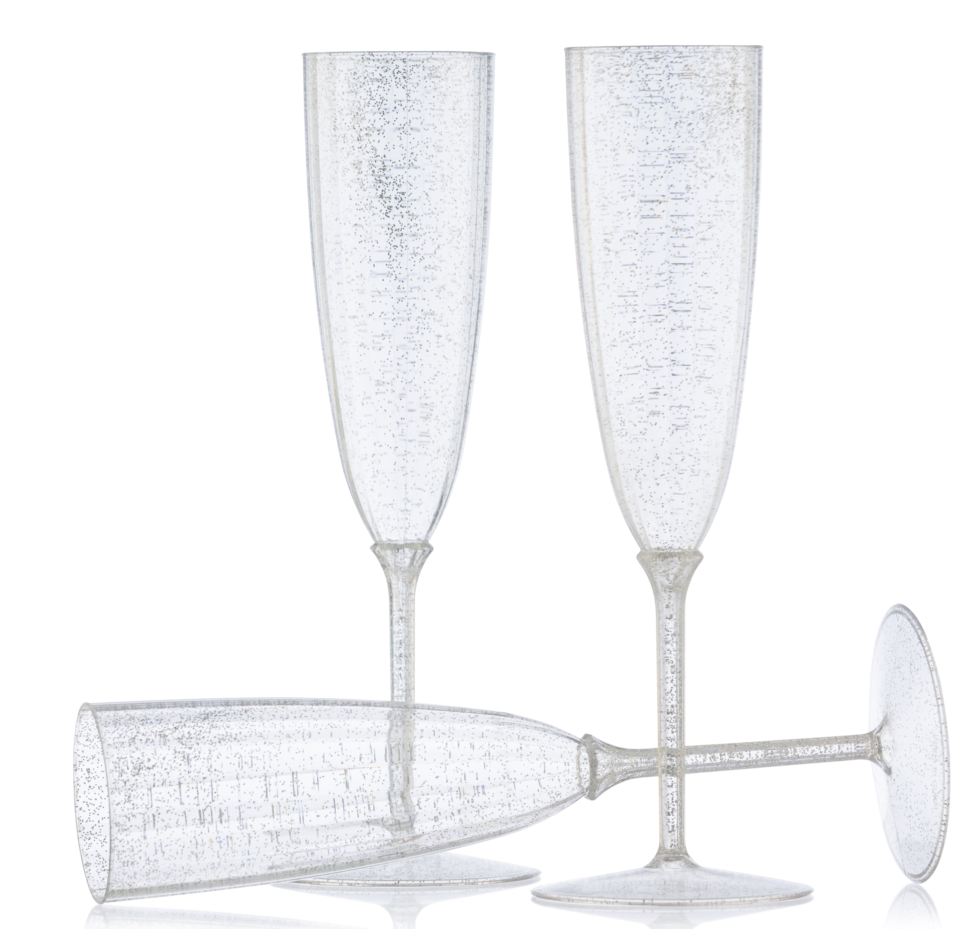 [8 Pack 6 Oz] Plastic Champagne Flutes Silver Glitter Disposable Champagne Toasting Glasses