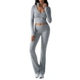 thumbnail image 1 of Conjunto Deportivo de 2 Piezas para Mujer, Camiseta de Larga, Pantalones Acampanados con Solapa, Chándal Informal, Gris, Talla L, 1 of 8