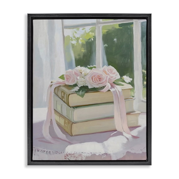 Stupell Industries Glam Stack Of Books with Roses Black Floating Frame Canvas Art, 17 x 21, by The Prints Vibe