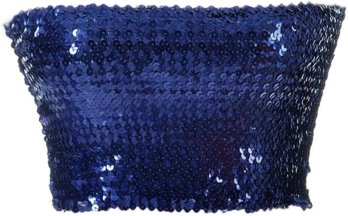 Anna-Kaci Womens Shiny Sequin Party Cropped Strapless Bandeau Stretch Tube Top Small-Medium Blue