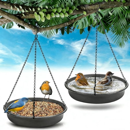 Gaecuw Black Iron Hanging Bird Bath Tray, 11.8 Inch Feeder, Outdoor Garden Decoration, Wild Bird Watering Gift