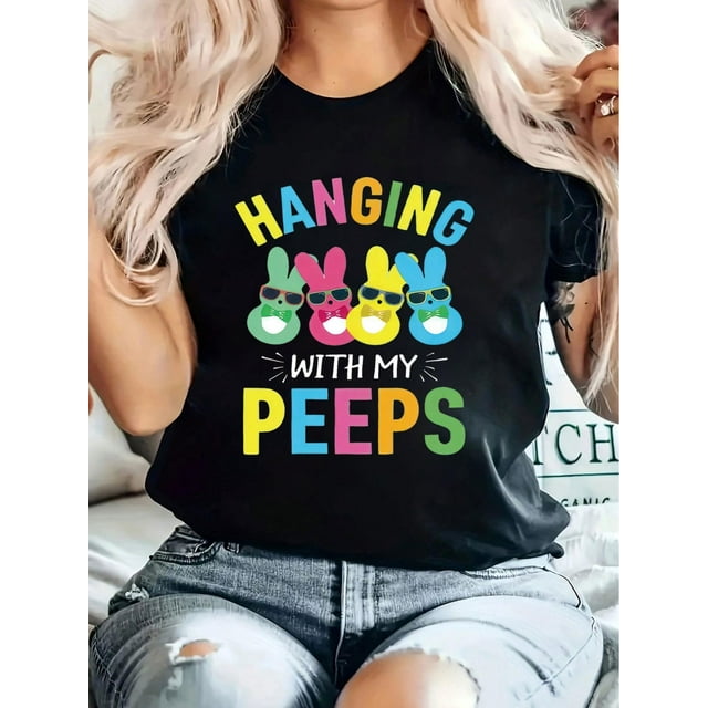 Easter Hanging With My Print T-Shirt, Casual Crew Neck Short Sleeve Comfort Tee Top For Spring & Summer, Women's Clothing Tee For Adult, Men, Women, Teen, Teenager, Adolescent, Youth