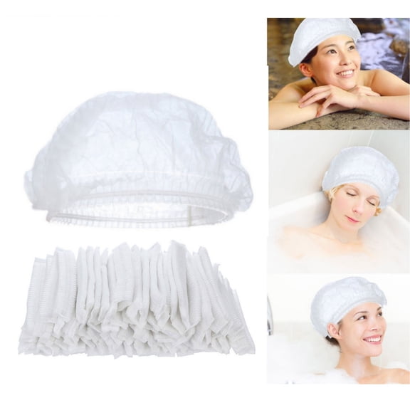 100 Pack Disposable Shower Caps, Thick Waterproof Bath Caps, White Elastic Hair Caps 42cm, Disposable Hair Covers for Home Hotel Spa Salon