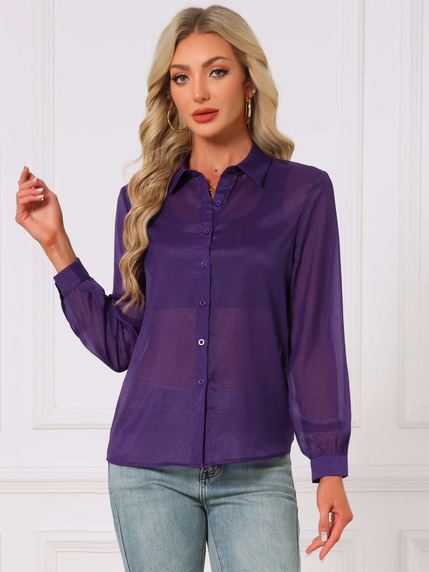 DARING DIVA Women's Long Sleeve Tops Button Down See Through Mesh Shirt L Dark Purple