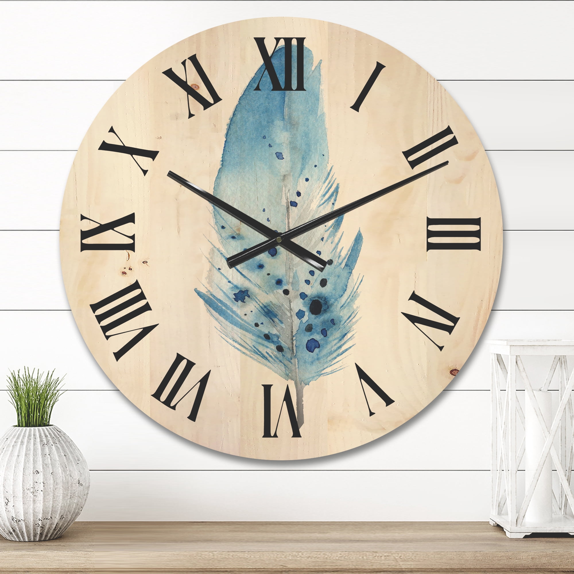 Designart 'Abstract Blue Boho Feathers' Bohemian & Eclectic Wood Wall Clock