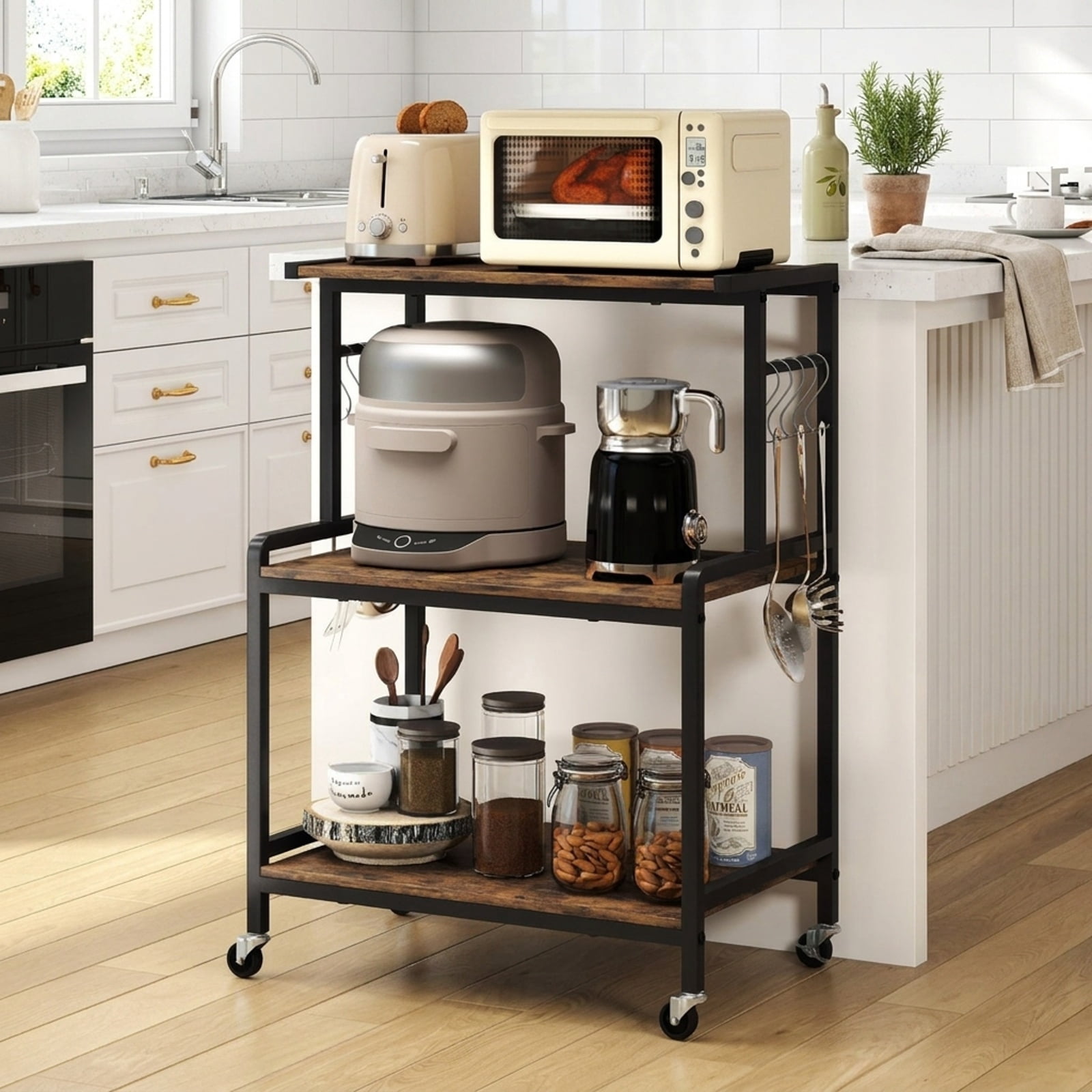Furnibear 3-Tier Rolling Microwave Cart with Power Outlet and Lockable Wheels and 10 Hooks for Kitchen Dining Home Rolling Utility, Rustic Brown