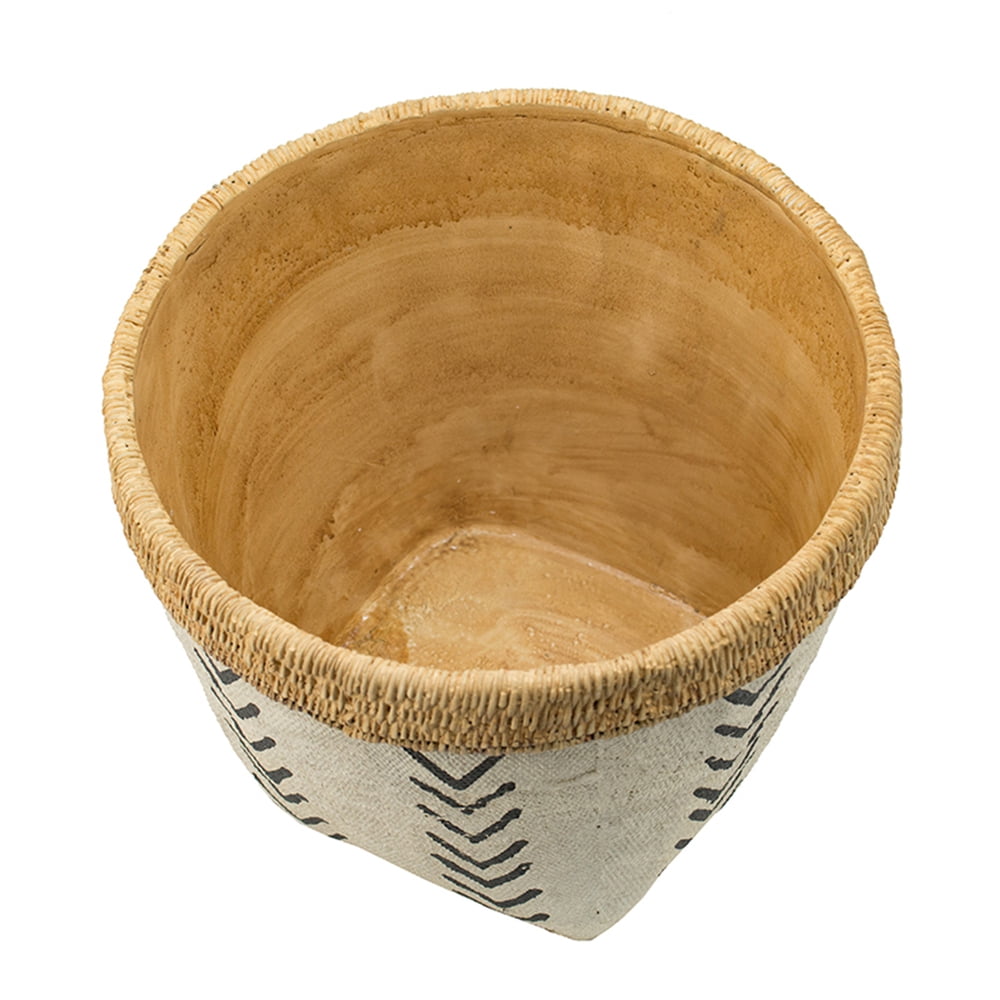 Set of 2 White and Brown Cement Planters with V Pattern, L:D10x8" S:D8x6.5"