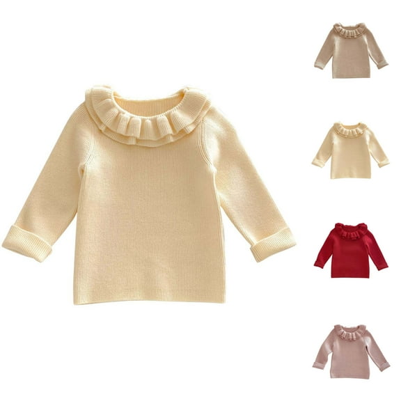 Swuxness Girls' Long Sleeve Knit Sweater, Toddler Fall Pullover Tops, Girls Solid Color Sweater with Ruffled Crew Neck Comfortable Casual Base Layer Top Soft Wear Khaki, 3-4 Years