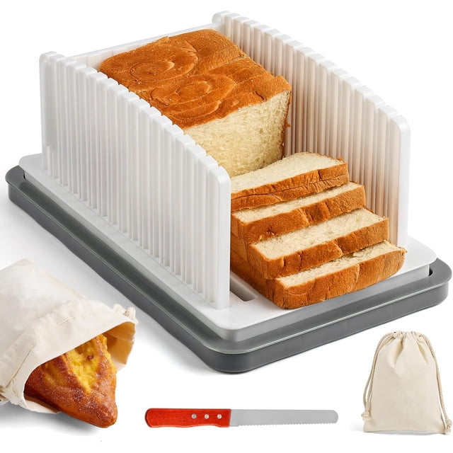 Trancheuse à Pain Maison Améliorée avec Rails Réglables à Gauche et à Droite, Guide de Découpe Pliable et Compact avec Plateau à Miettes + Trancheuse à Pain + Sac à Pain pour Bagels, Gâteaux et Pain Maison