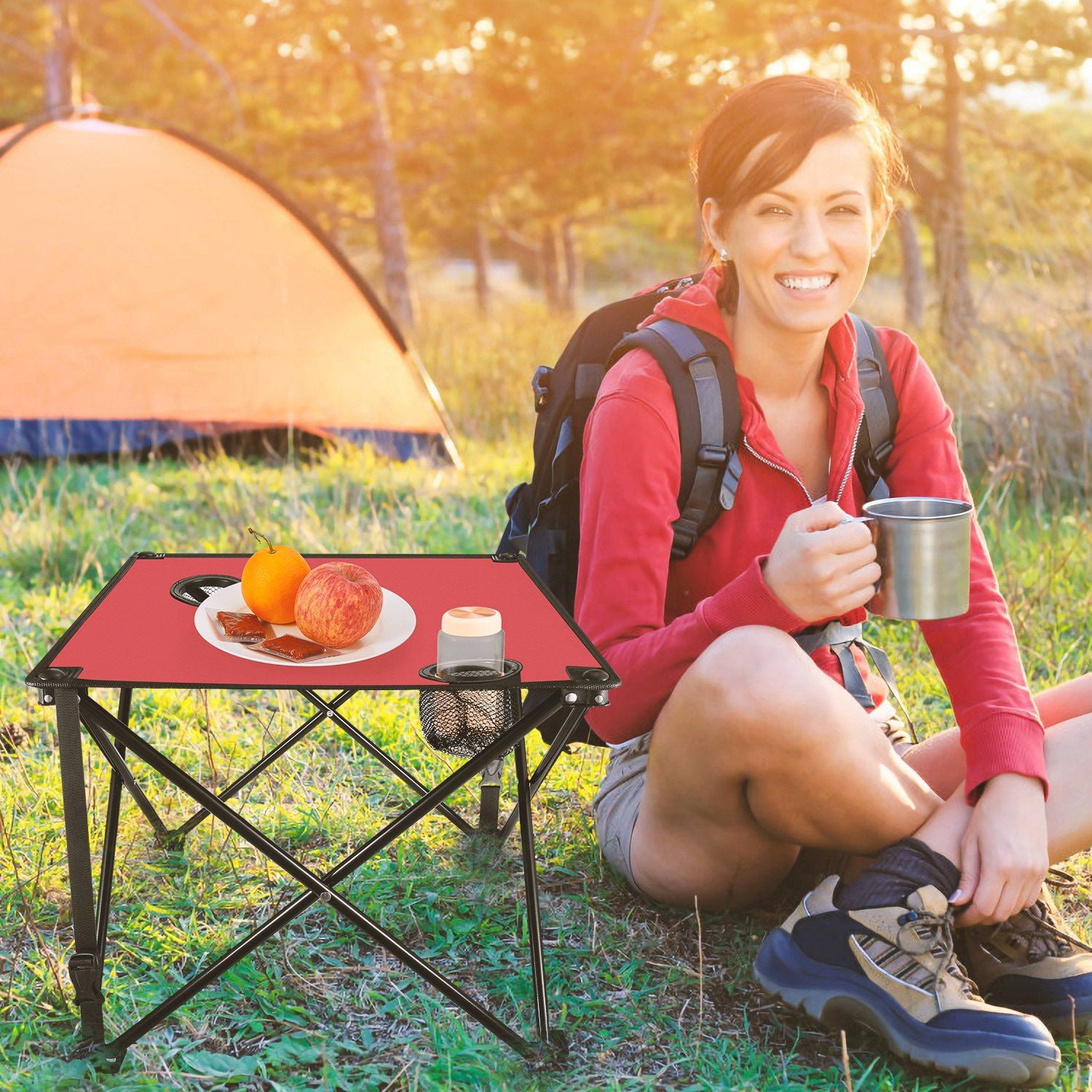 Foldable Camping Table Portable Picnic Table Lightweight Travel Desk with 2 Cup Holders Carrying Bag