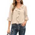 thumbnail image 2 of vigerkar Womens Dressy Casual Blouses 3/4 Sleeve V Neck Ruffle Tops Business Ladies Summer Trendy Fashion Work Shirt (Beige, L), 2 of 7