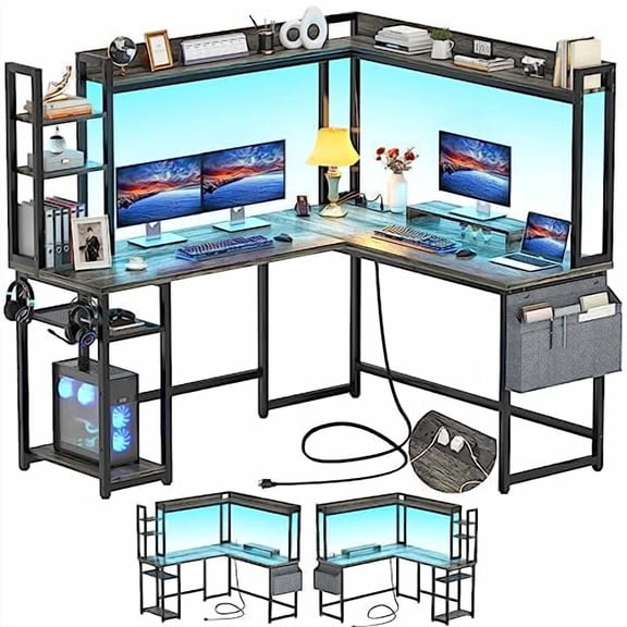 Aheaplus L Shaped Gaming Desk, Reversible L Shaped Desk with Power Outlet and Led Lights, Gaming Desk Corner Computer Desk with Hutch, Monitor Stand and Storage Bag for Home Office, White