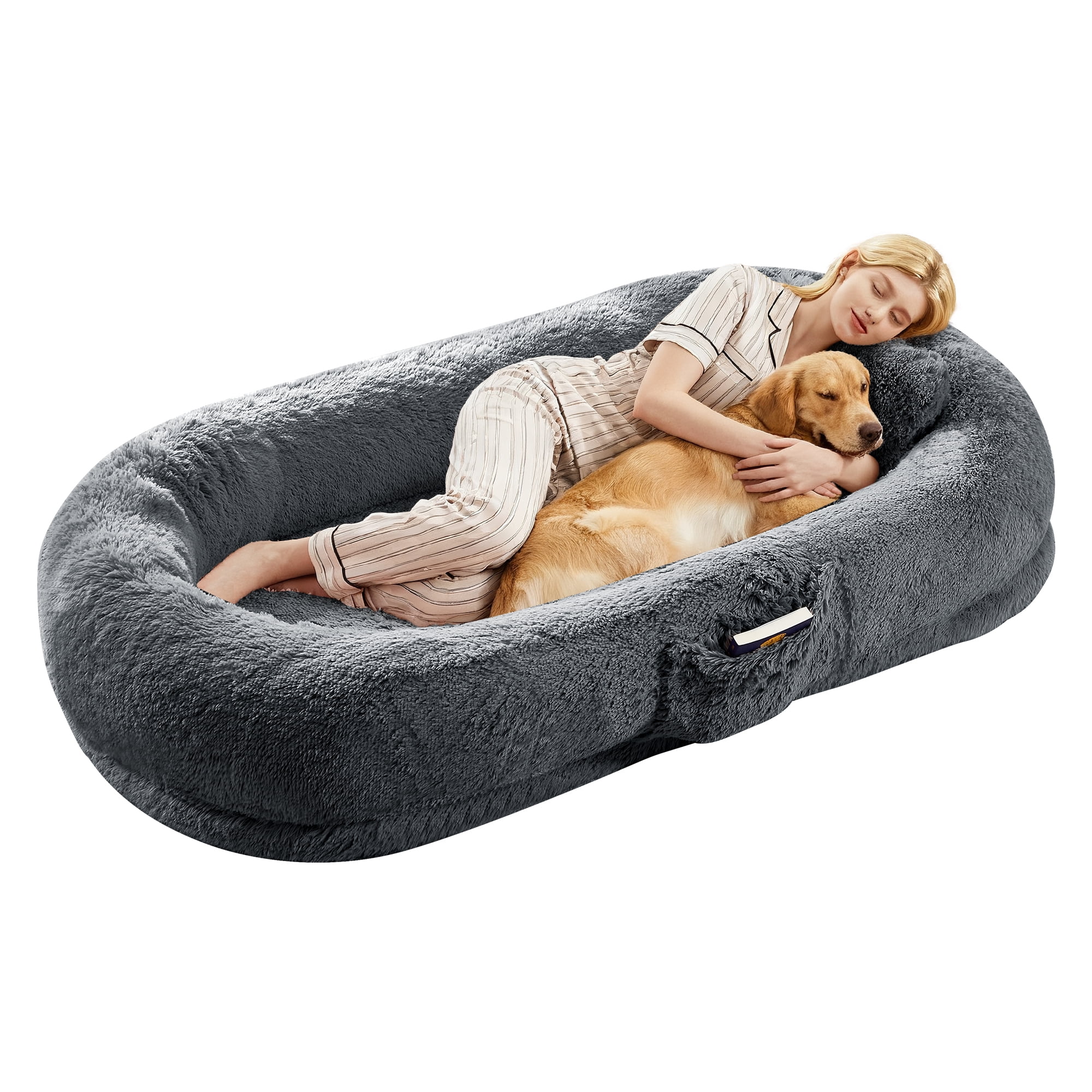 Danolapsi Human Dog Bed for Adult & Pets, Faux Fur Removable Human Dogs Bed with Pillow, Portable Handle, Side Pocket, Egg Orthopedic Foam, Large Dog Beds for Bedroom Living Room Office