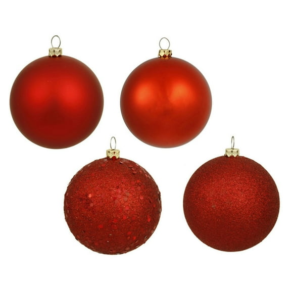 Vickerman 4" Red 4-Finish Ball Ornament Assortment, 12 per Box